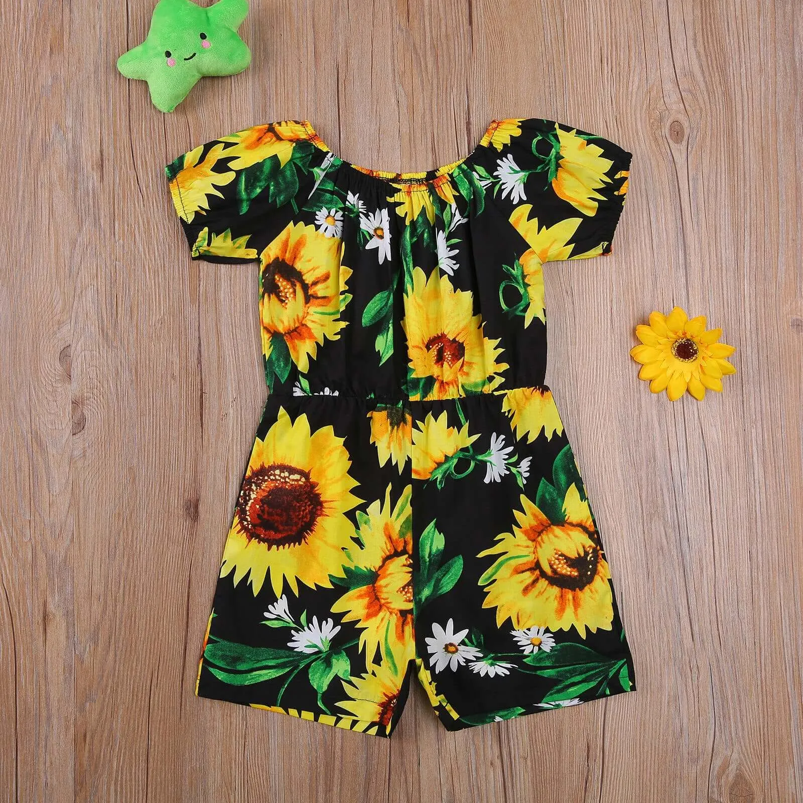2021 Toddler Girls Off Shoulder Rompers Sunflower Print Jumpsuit Shorts
