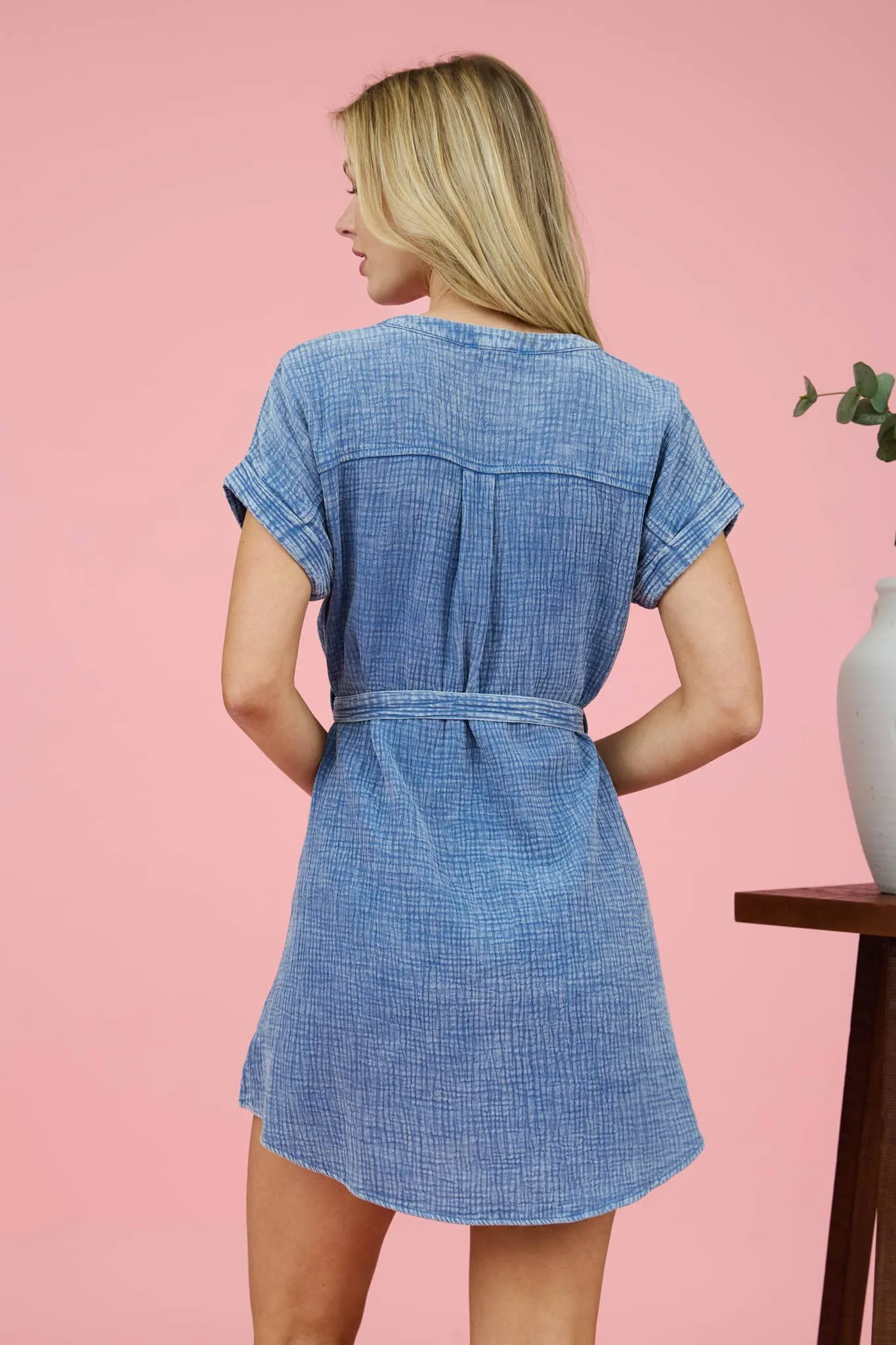 Blu Pepper Washed Hal Button Waist Tie Mini Dress CR2400
