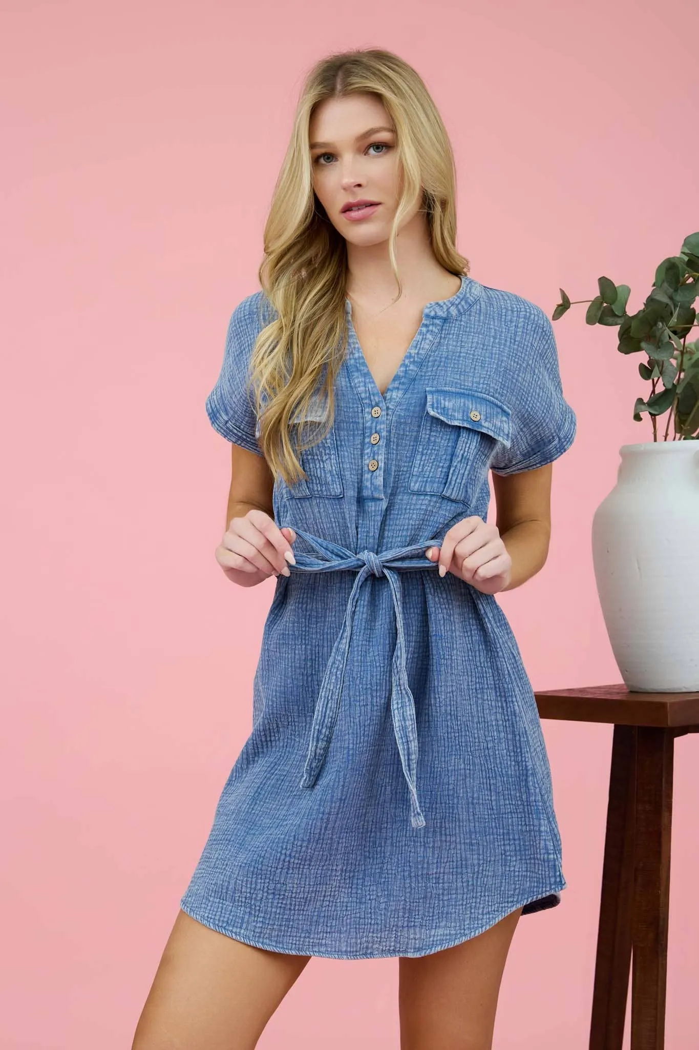 Blu Pepper Washed Hal Button Waist Tie Mini Dress CR2400