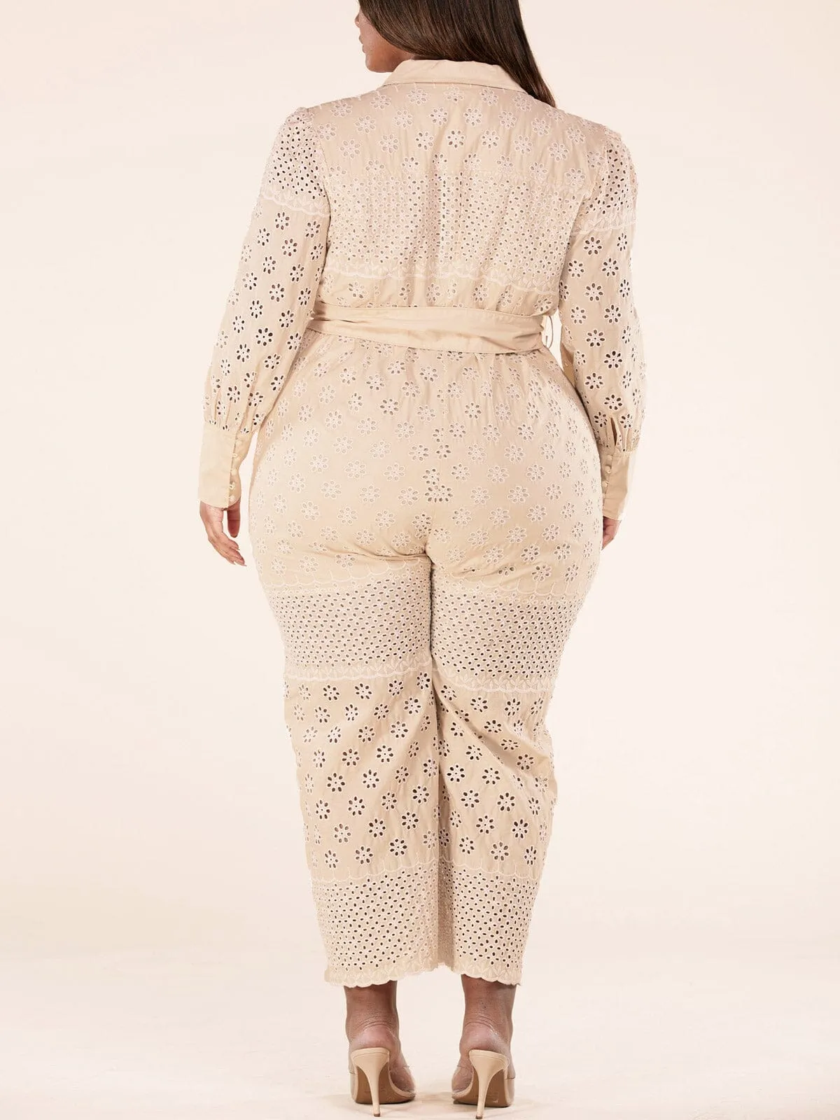 PLUS SIZE LONG SLEEVE ZIP UP EYELET BELTED JUMPSUIT