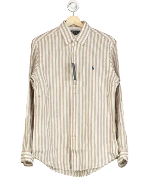 Polo Ralph Lauren Beige/Ivory 100% Linen Logo Embroidered Striped Shirt UK S