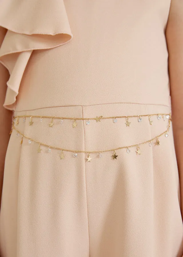 Ruffle Shoulder Chain Belted Jumpsuit