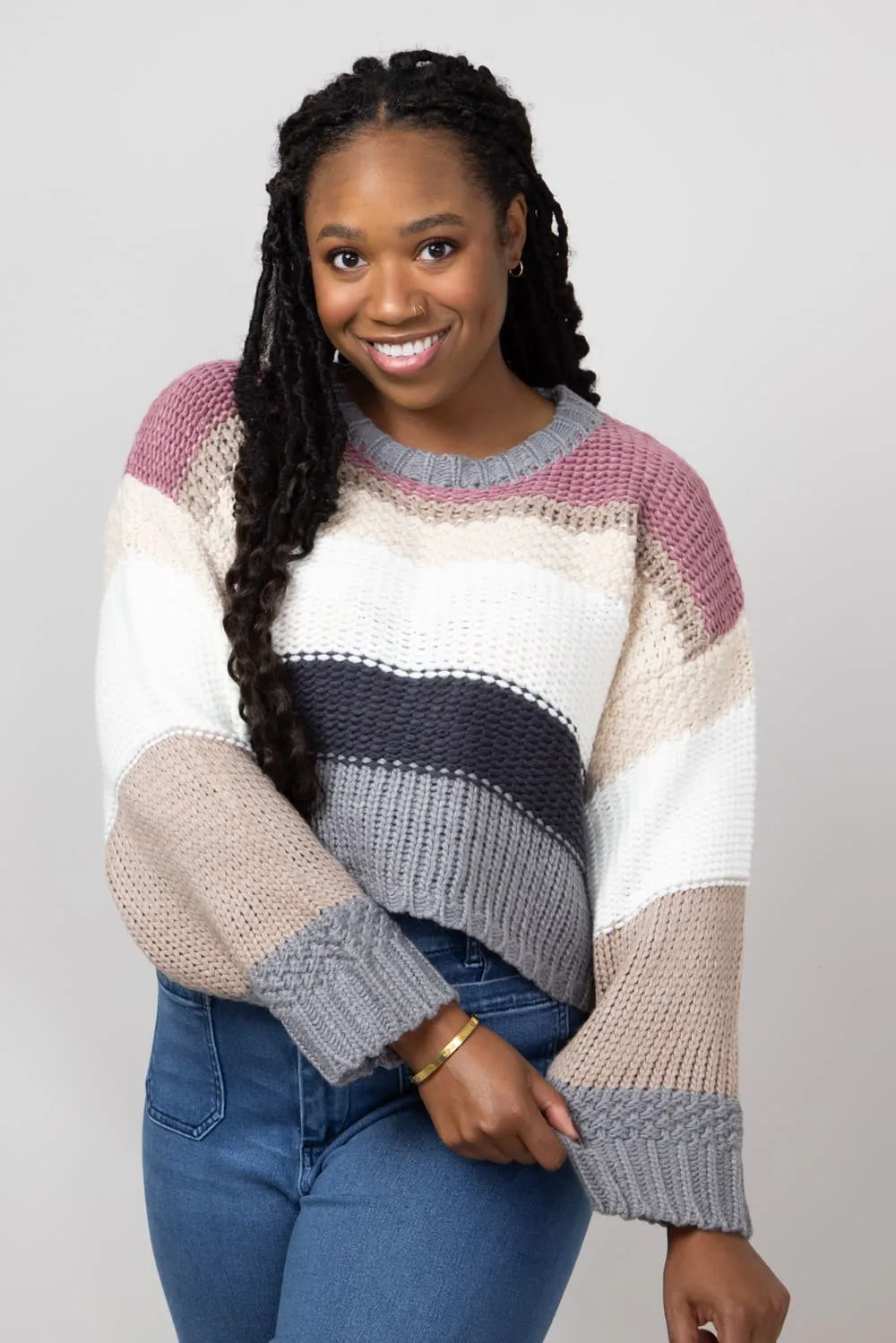 Simply Southern Striped Cropped Sweater for Women in Plum | PP-0224-SWTR-CLRSTRP-PLUM