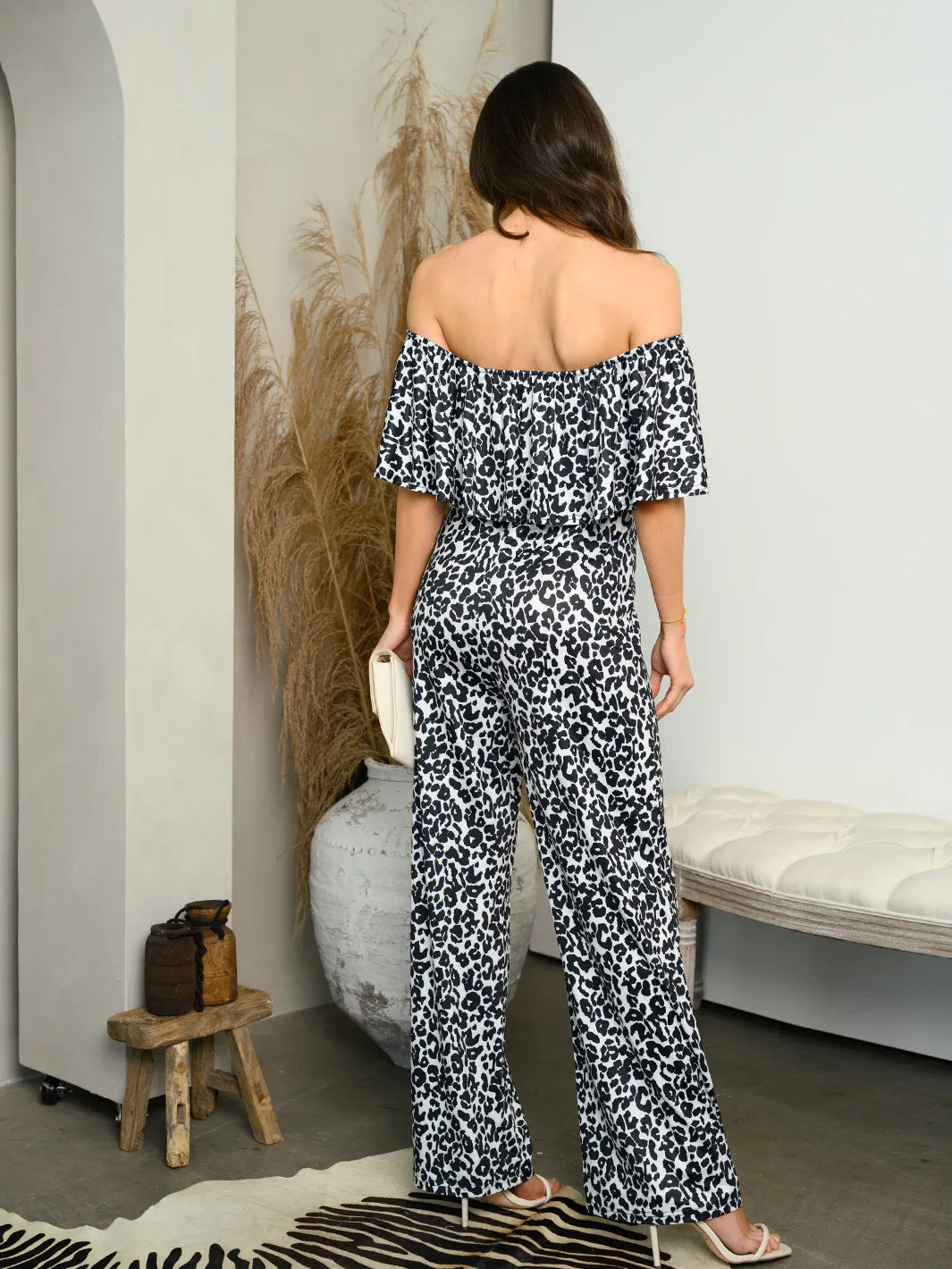 WOMEN'S OFF SHOULDER ANIMAL PRINT JUMPSUIT